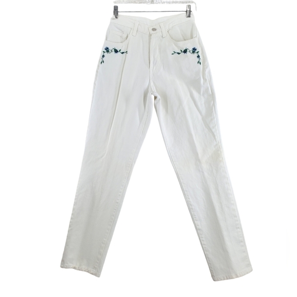 Vtg Fredericks Hollywood White Hi Rise Tapered Jean 9 10 25x30 Floral Embroidery - Picture 1 of 14